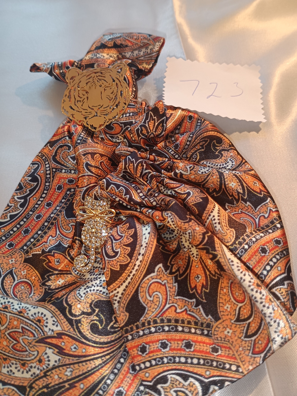Paisley Satin Pendant Brooch in Orange and Black